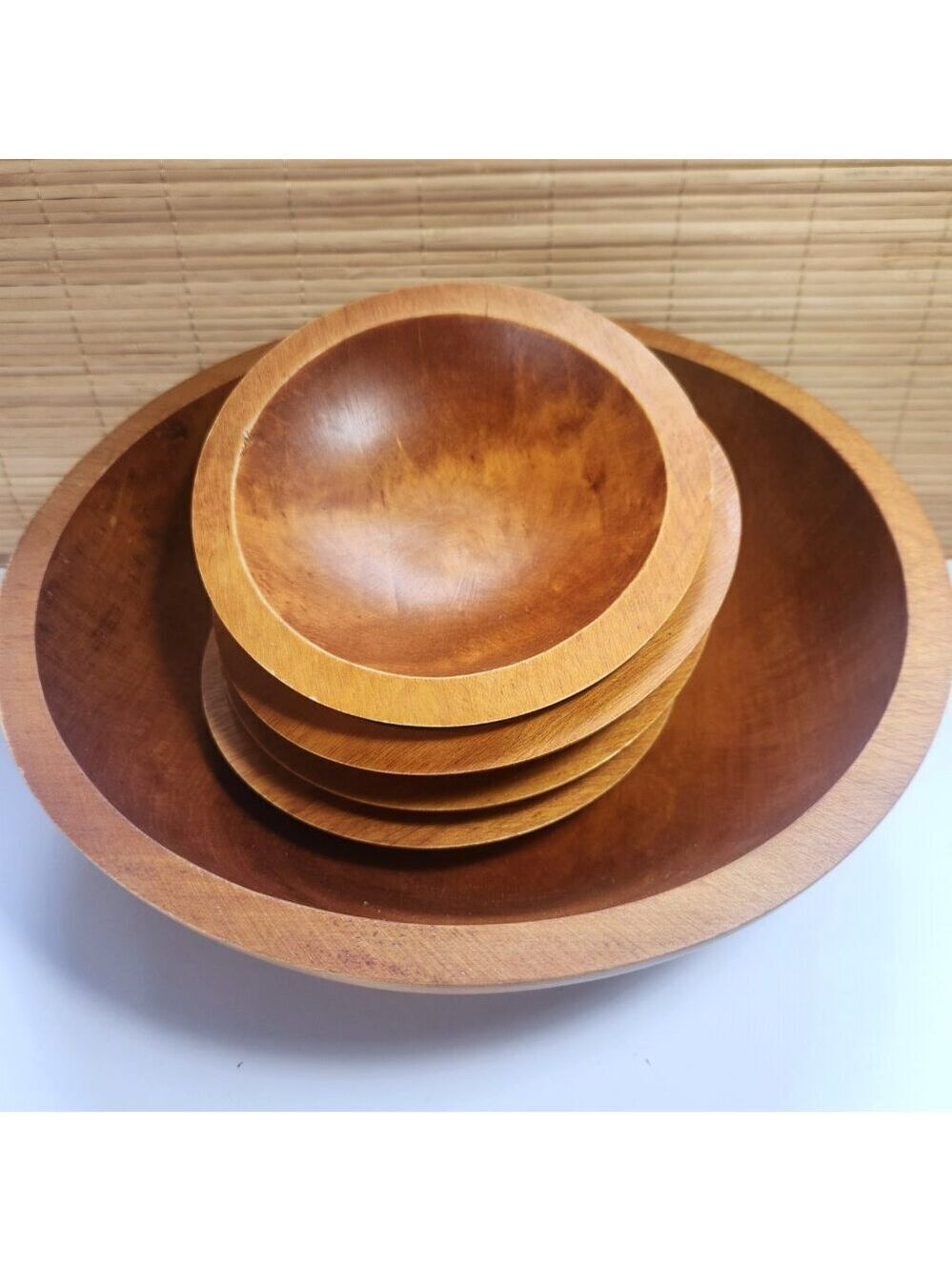Vintage Baribo Made Wooden Salad Serving Bowl Set 5 Piece Mid Century Farmhouse